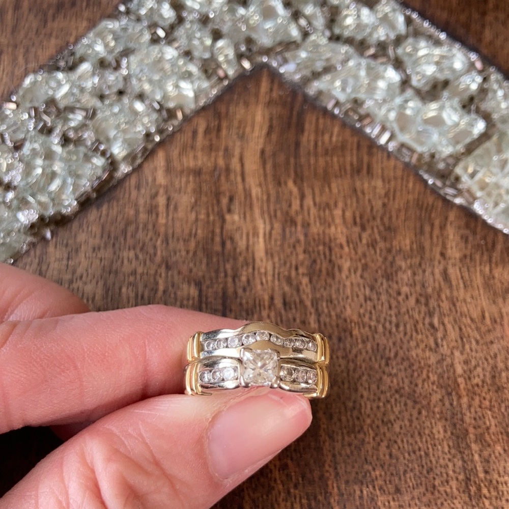 Diamonds, white gold and yellow good. Top quality set.  Size 5.